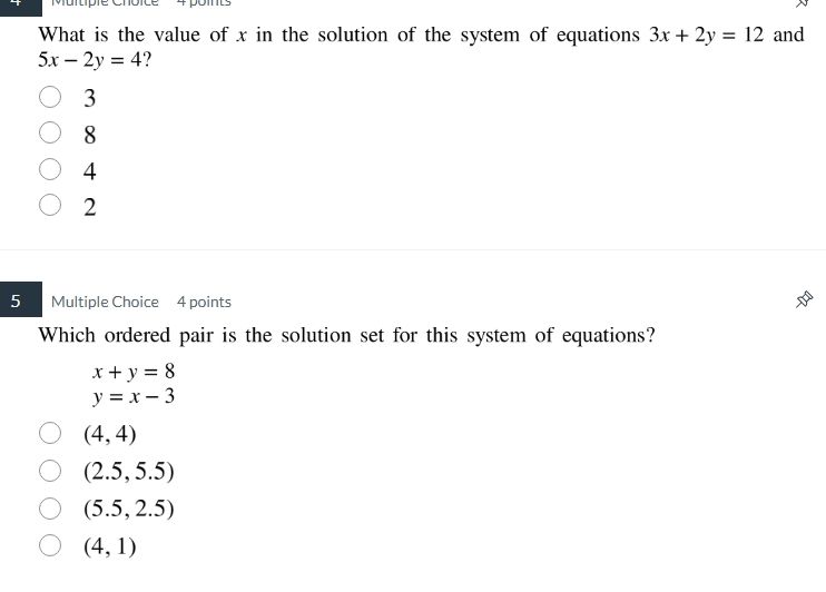 4 multiple choice 4 points what is the value of x in the solution of th…