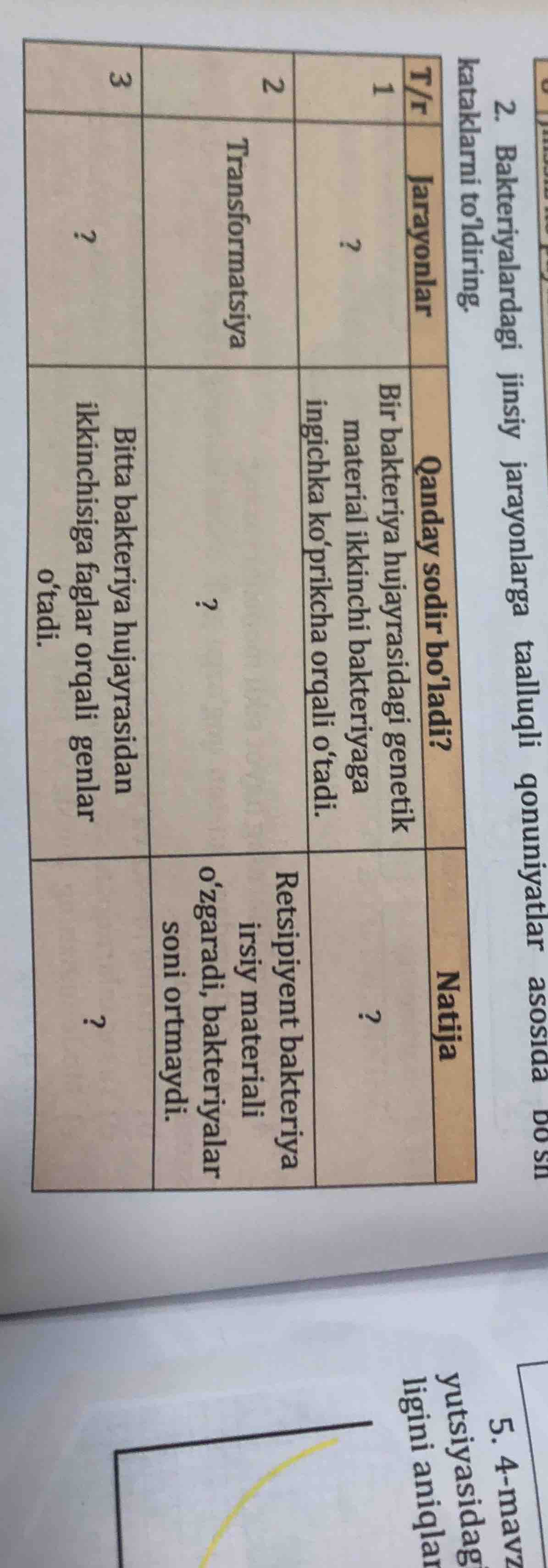 2. bakteriyalardagi jinsiy jarayonlarga taalluqli donumiyatlar asosida …