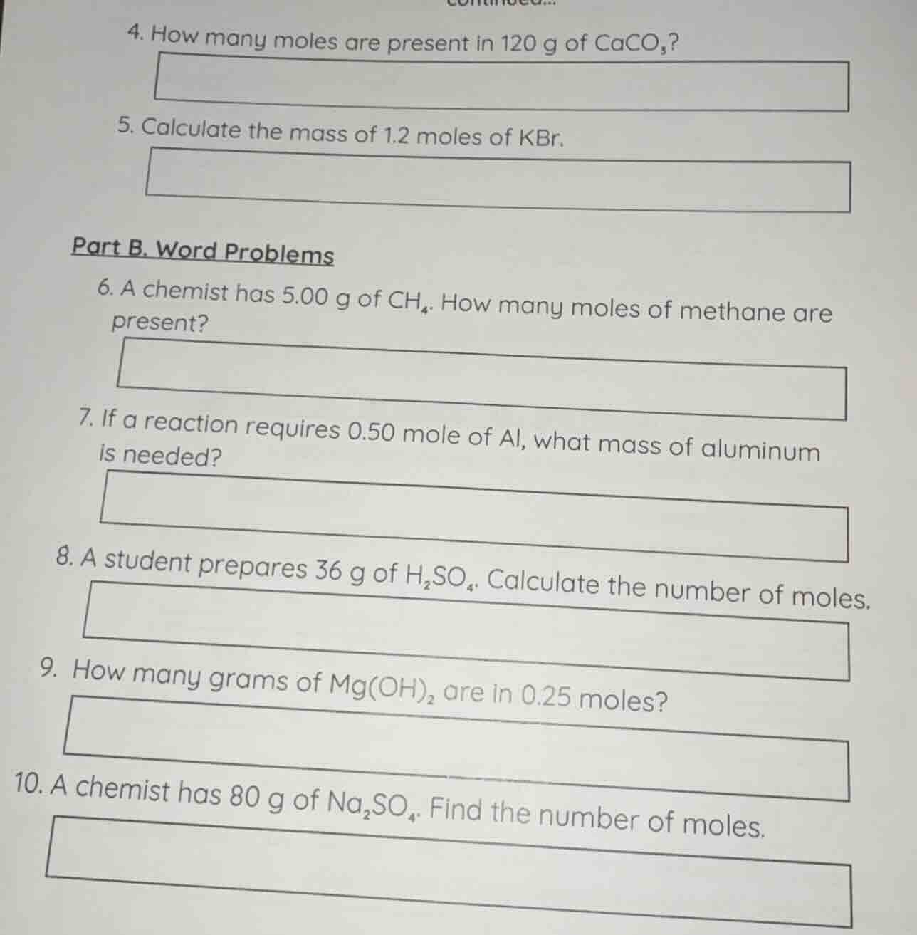 4. how many moles are present in 120 g of caco₃? 5. calculate the mass …