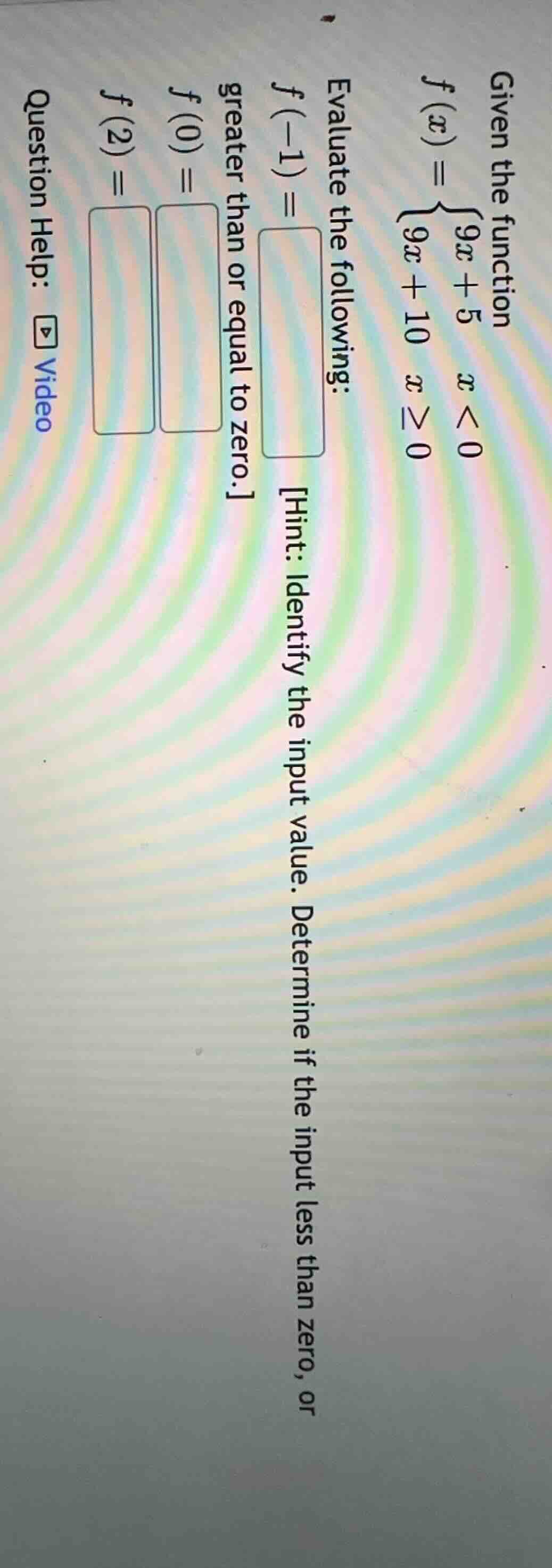 given the function $f(x) = \\begin{cases} 9x + 5 & x < 0 \\\\ 9x + 10 &…