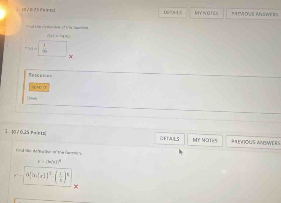 2. (0 / 0.25 points) find the derivative of the function. $f(x) = \\ln(…