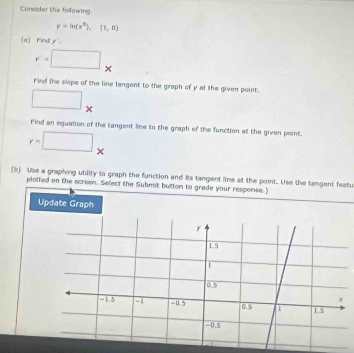 consider the following.\\( y = \\ln(x^9),\\ (1, 0)\\)\\(\\text{(a)}\\) …