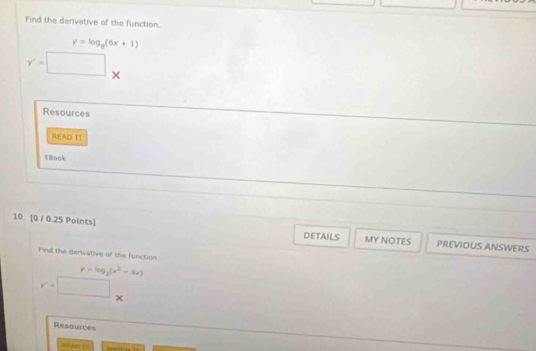 find the derivative of the function. \\( y = log_8(6x + 1) \\) \\( y = …