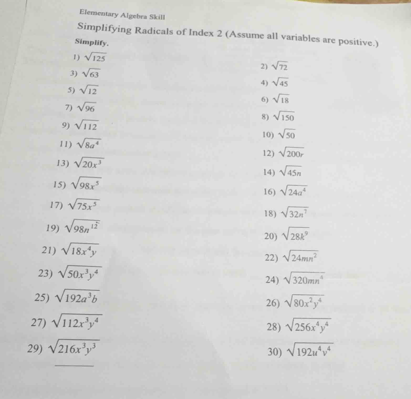 elementary algebra skill simplifying radicals of index 2 (assume all va…