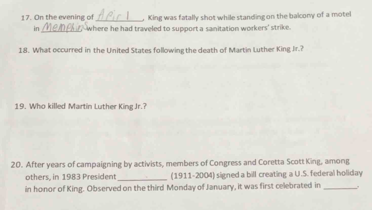 17. on the evening of ____, king was fatally shot while standing on the…