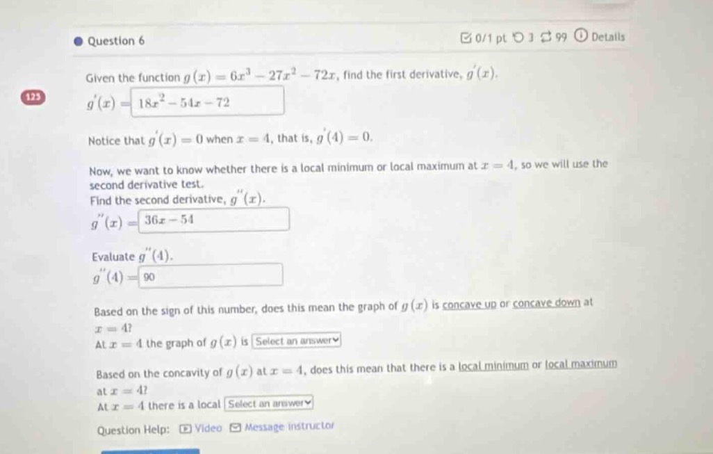 question 6 given the function ( g(x) = 6x^3 - 27x^2 - 72x ), find the f…