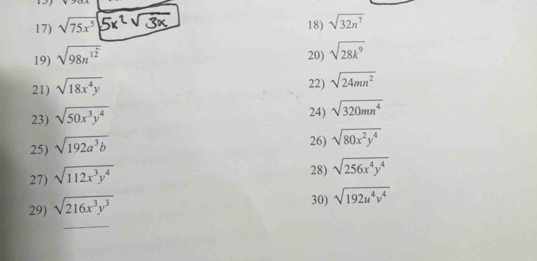 17) \\(\\sqrt{75x^5}\\) 18) \\(\\sqrt{32n^7}\\)\ 19) \\(\\sqrt{98n^{12}…