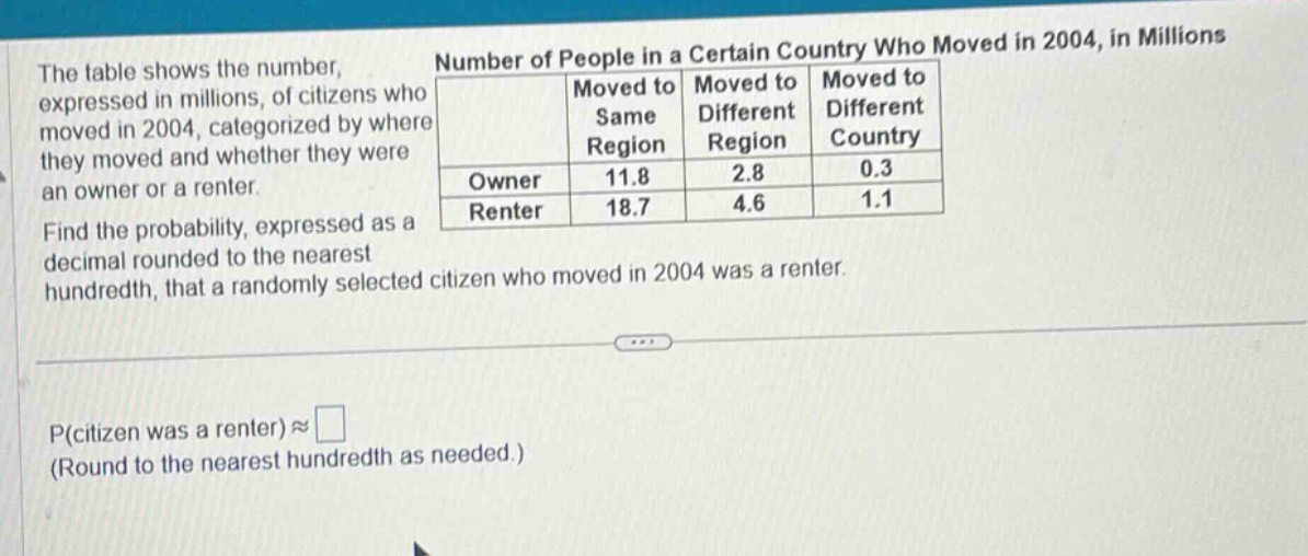 the table shows the number, expressed in millions, of citizens who move…