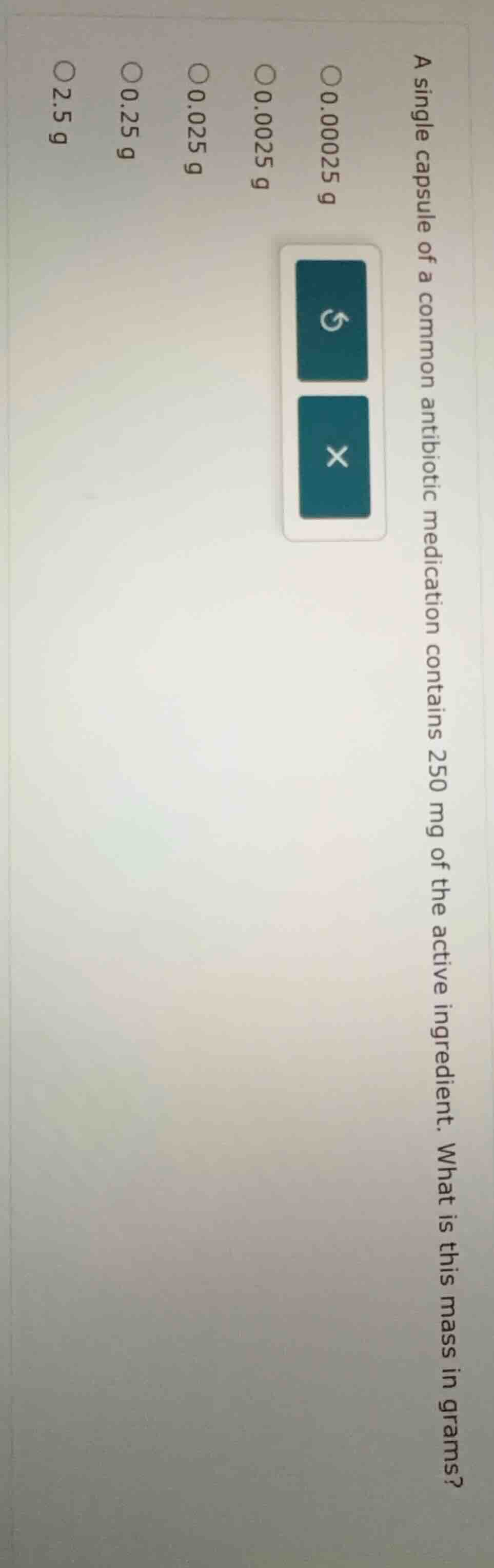 a single capsule of a common antibiotic medication contains 250 mg of t…