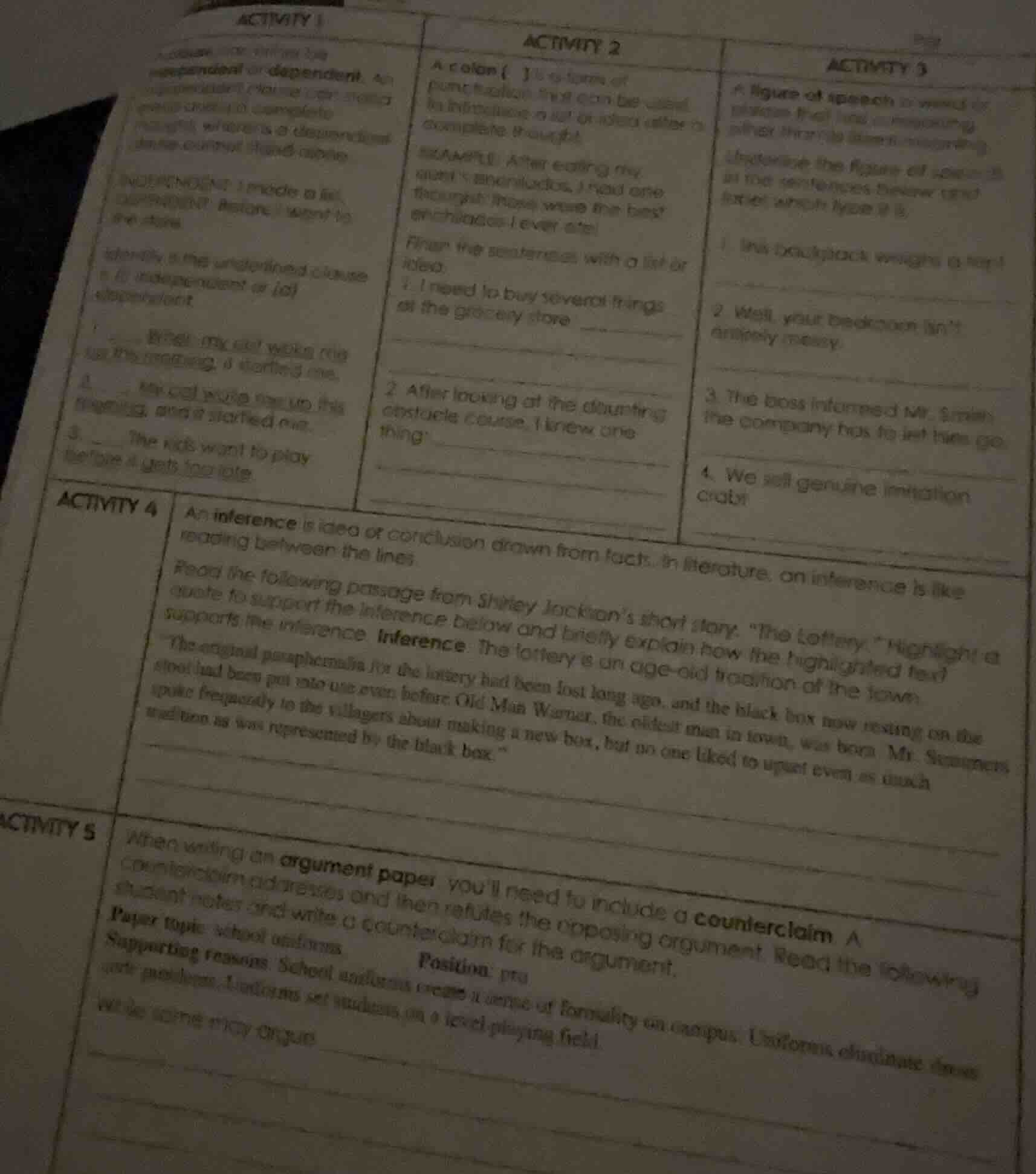 activity 1 text about independent/dependent clauses, identifying them a…