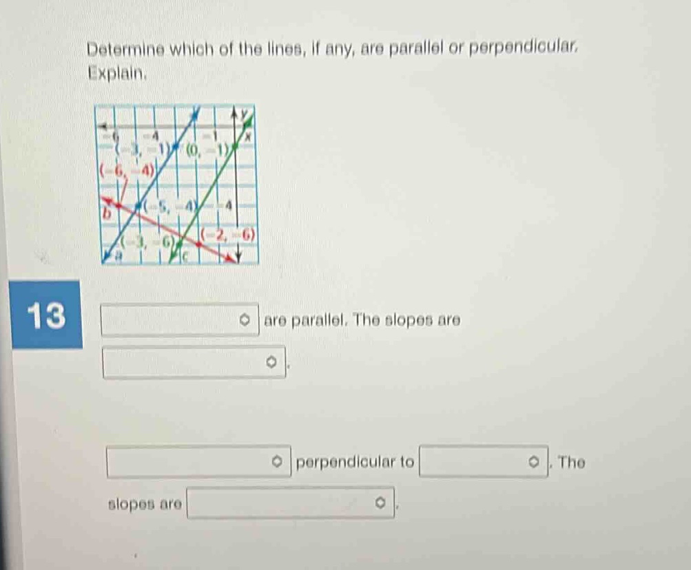 determine which of the lines, if any, are parallel or perpendicular. ex…