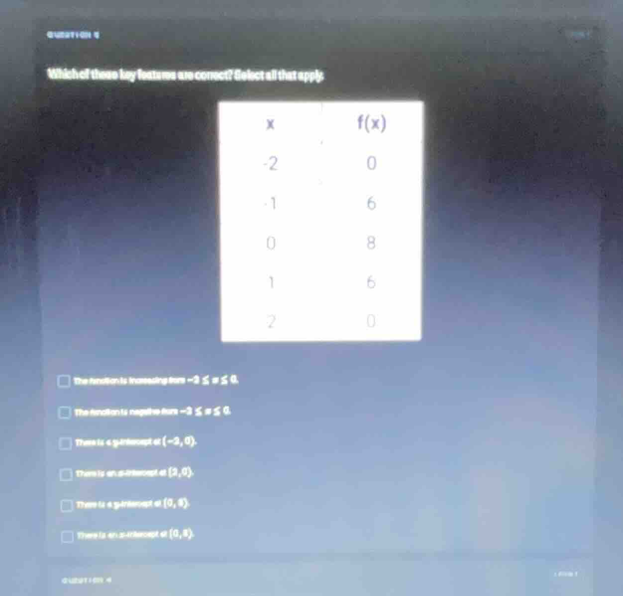 which of these key features are correct? select all that apply. | x | f…