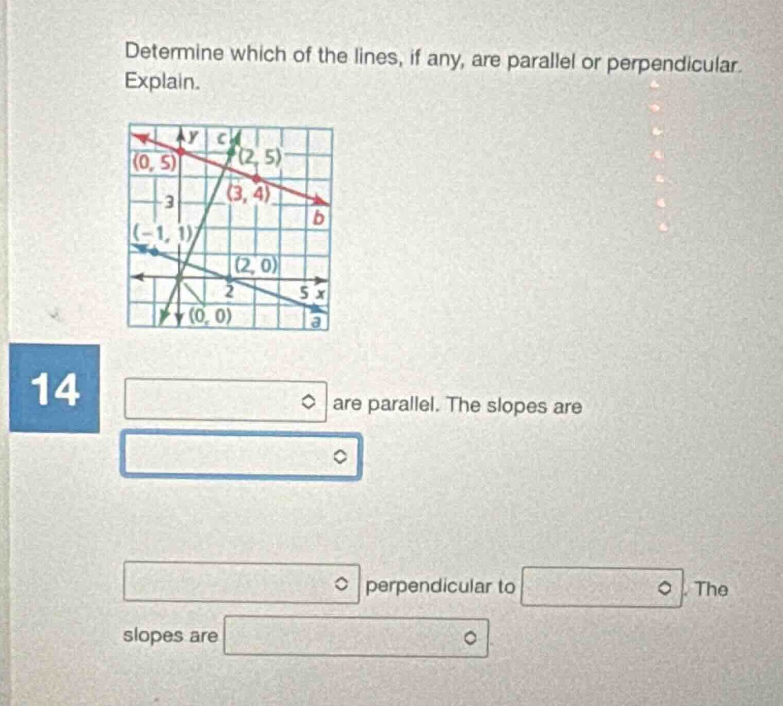 determine which of the lines, if any, are parallel or perpendicular. ex…