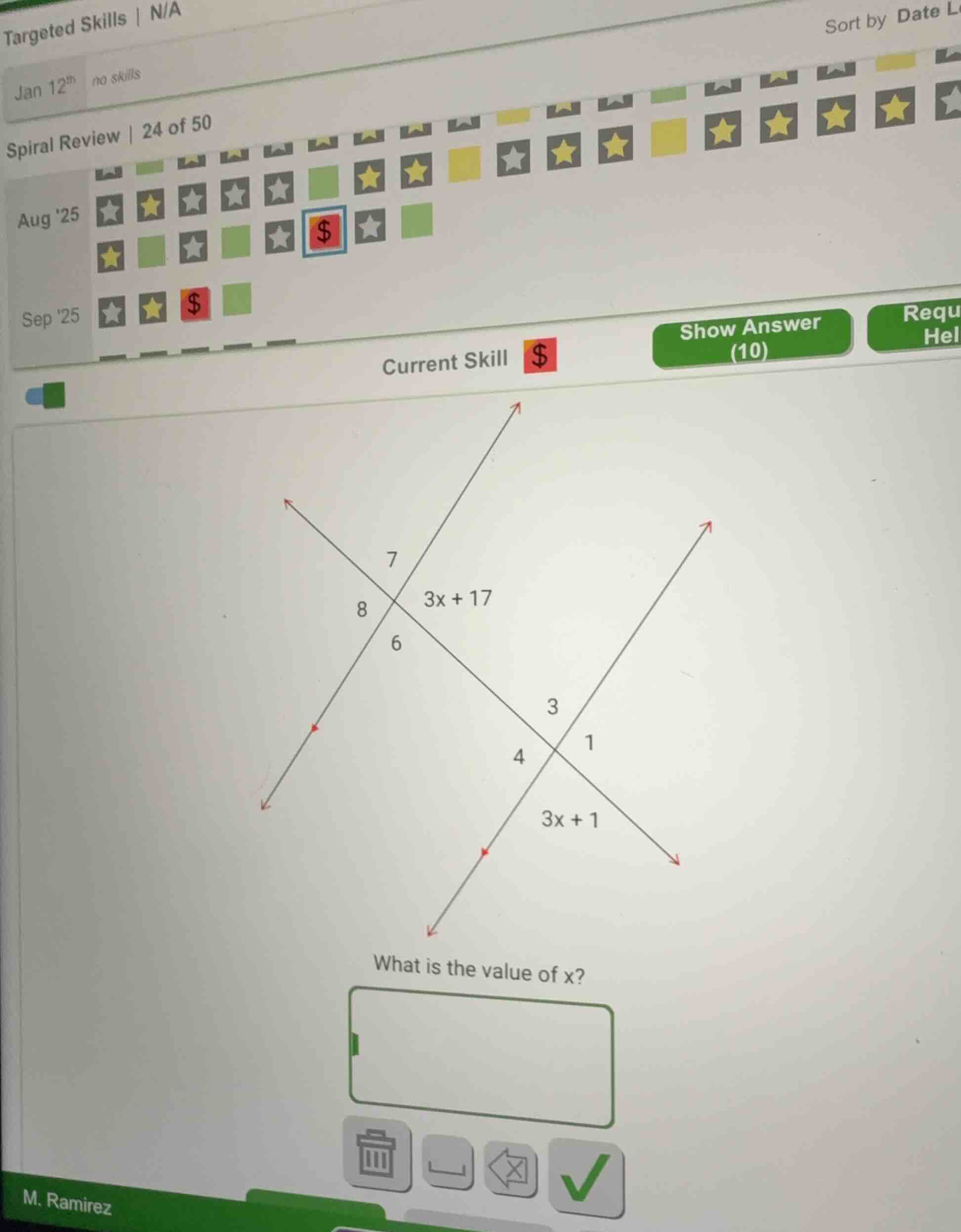 what is the value of x? (the image shows intersecting lines with angle …