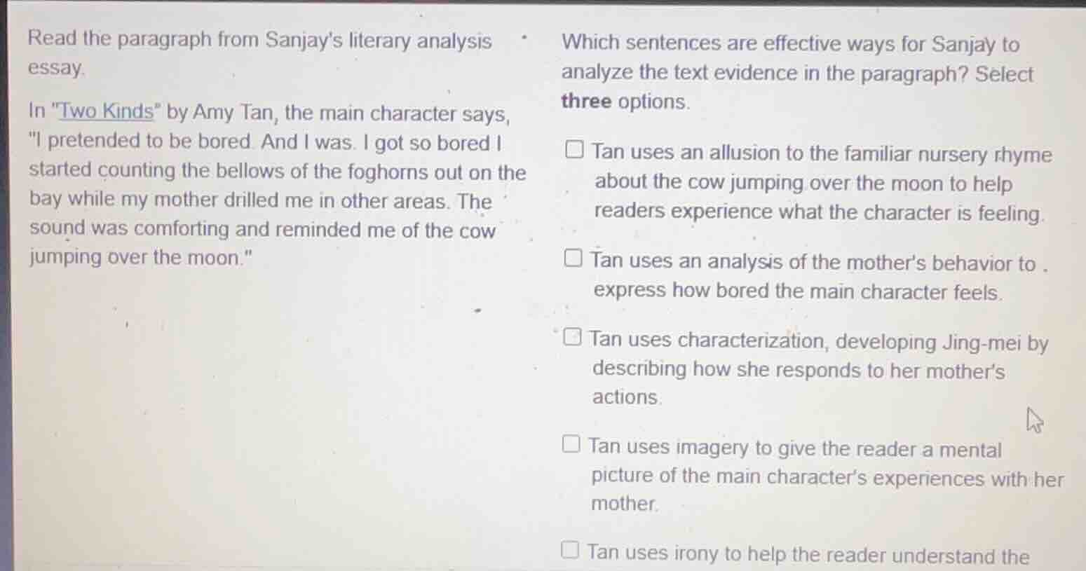 read the paragraph from sanjays literary analysis essay. in \two kinds\…