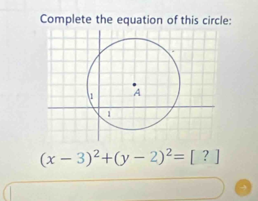 complete the equation of this circle: (x - 3)^2 + (y - 2)^2 = ?