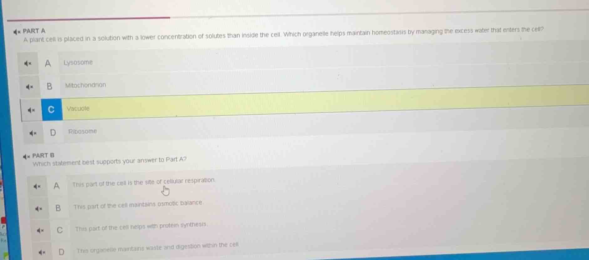 part a a plant cell is placed in a solution with a lower concentration …