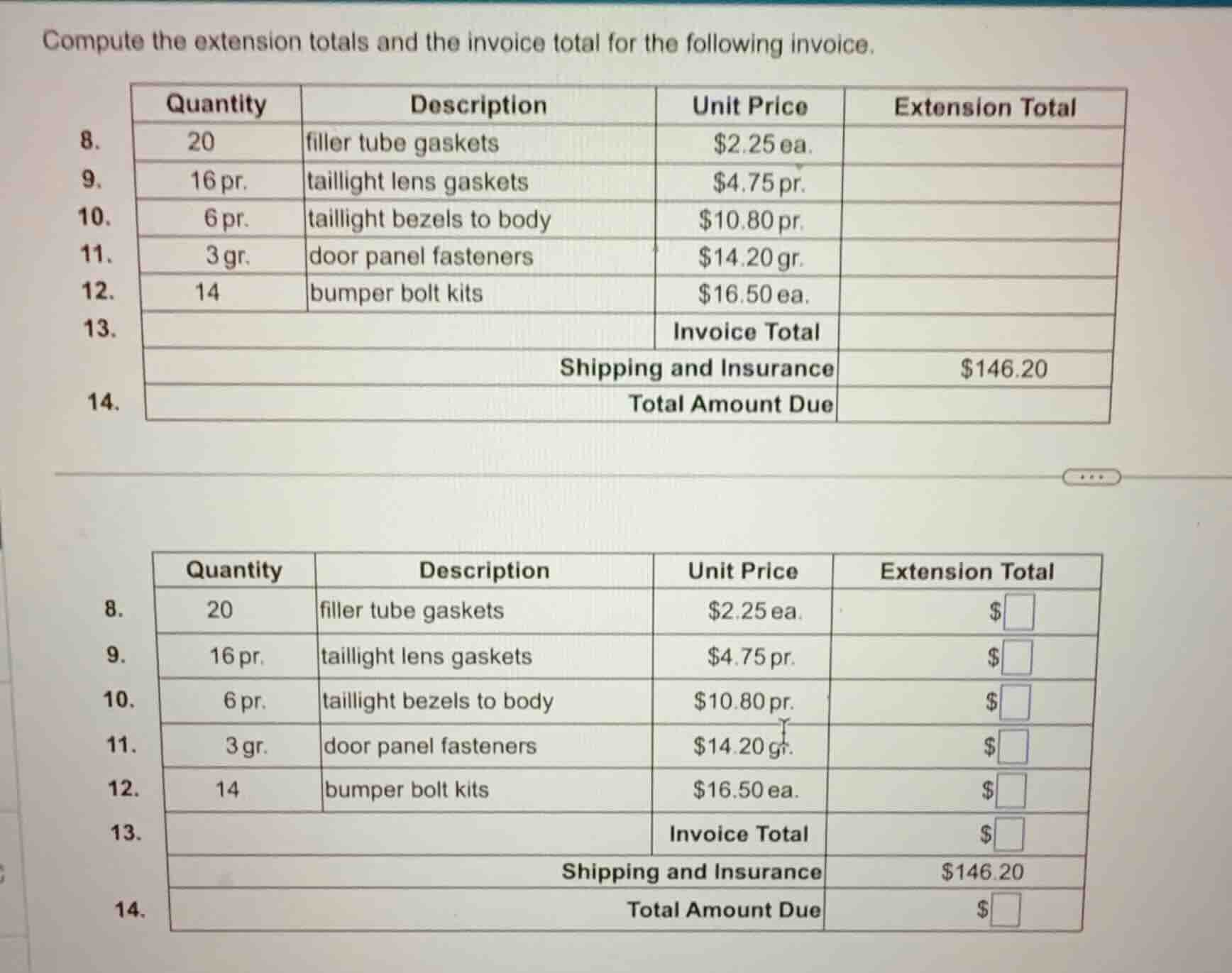 compute the extension totals and the invoice total for the following in…