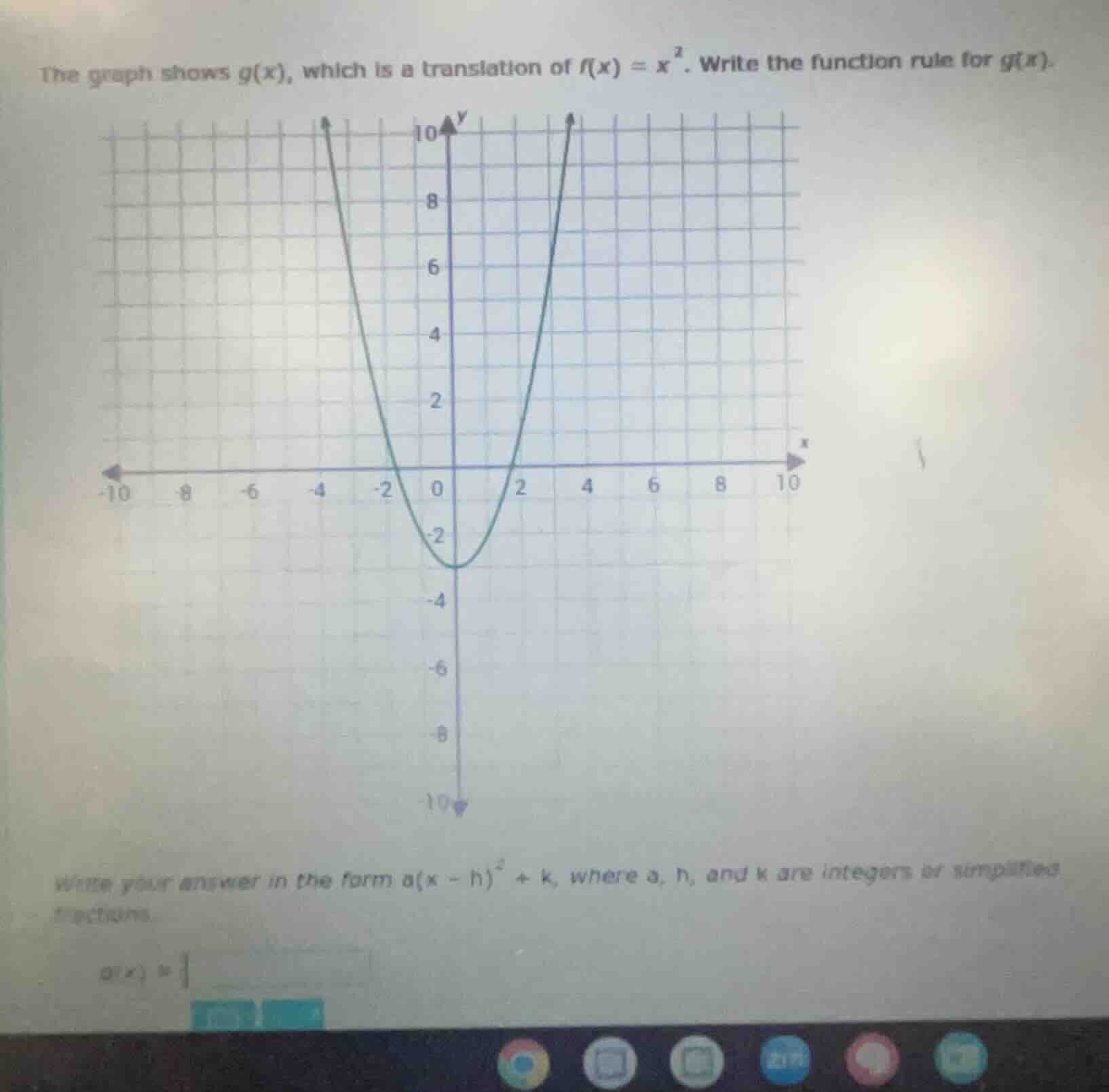 the graph shows g(x), which is a translation of $f(x) = x^2$. write the…