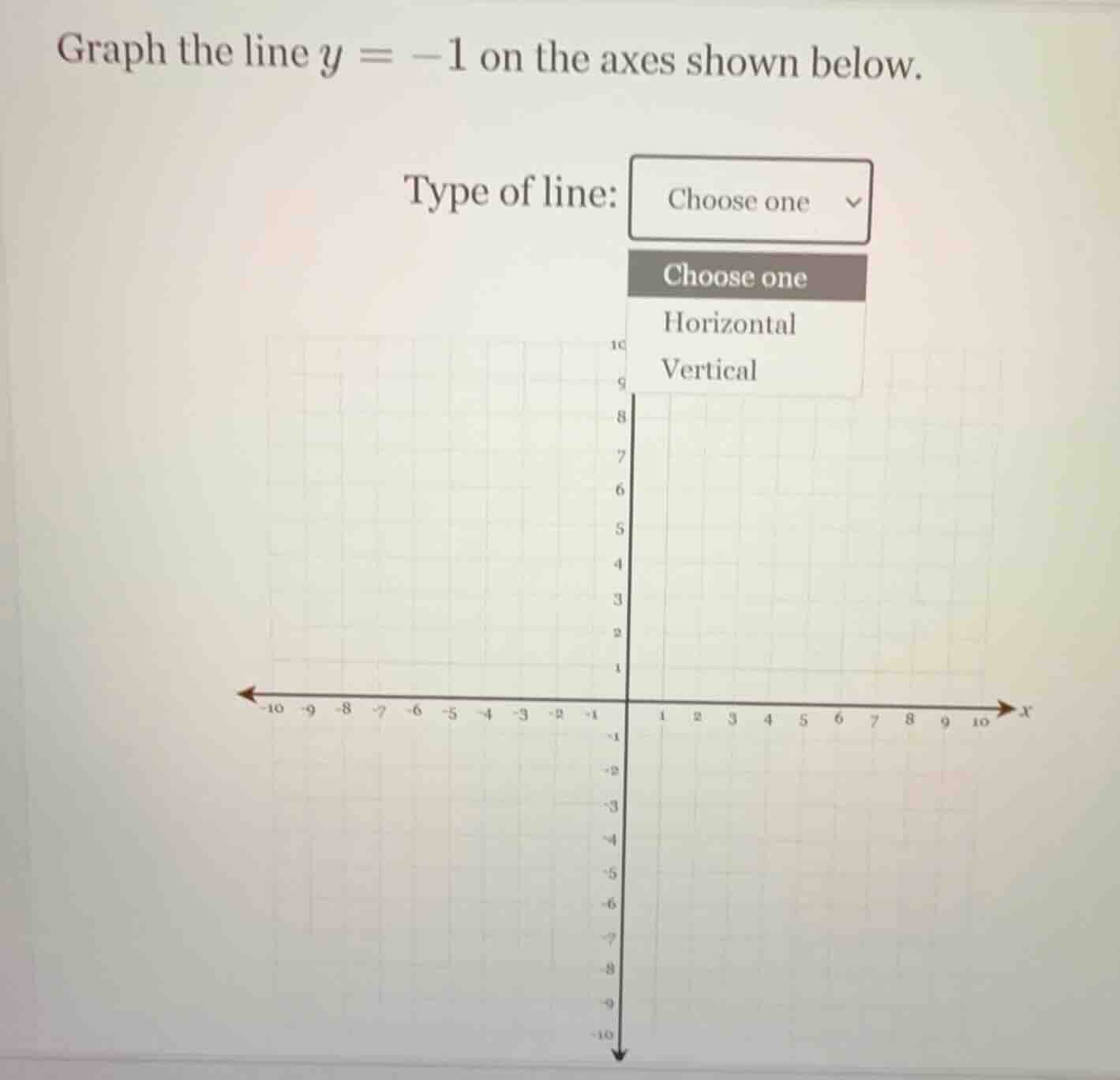 graph the line $y = -1$ on the axes shown below. type of line: choose o…
