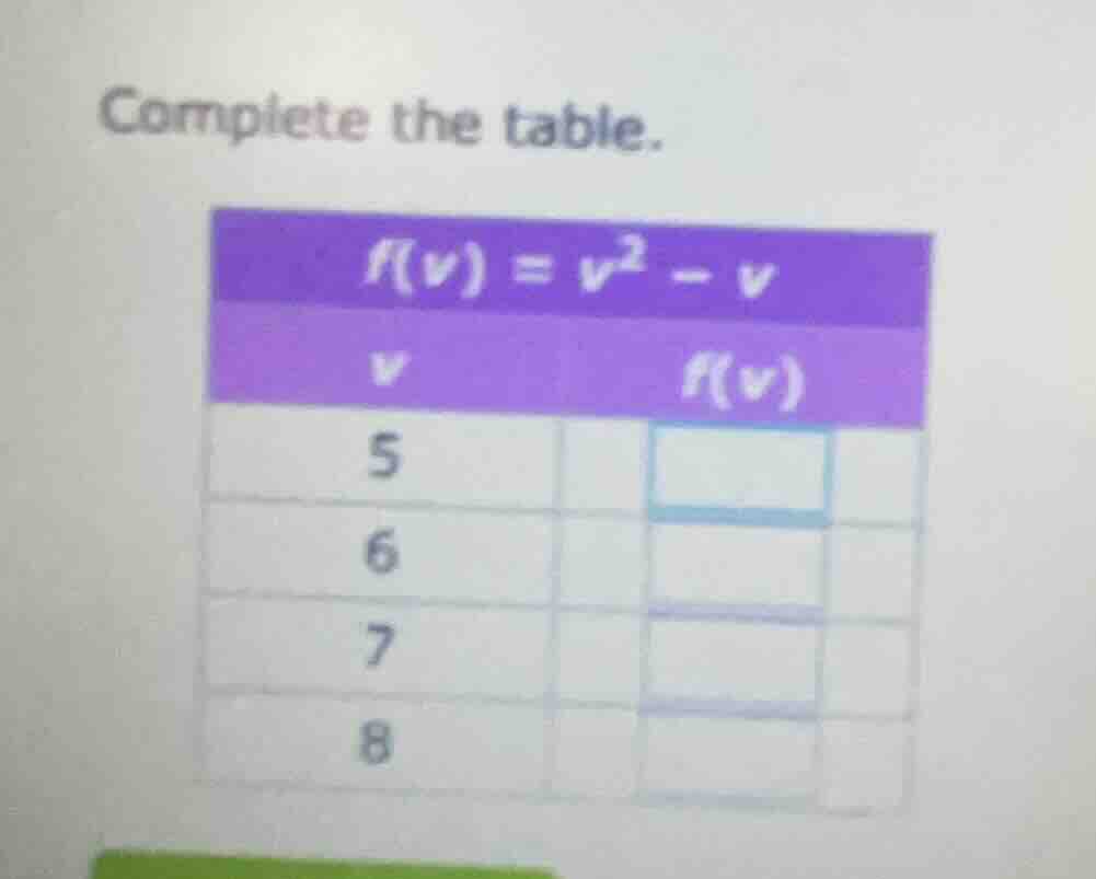 complete the table. $f(v)=v^2 - v$ | $v$ | $f(v)$ | | --- | --- | | 5 |…
