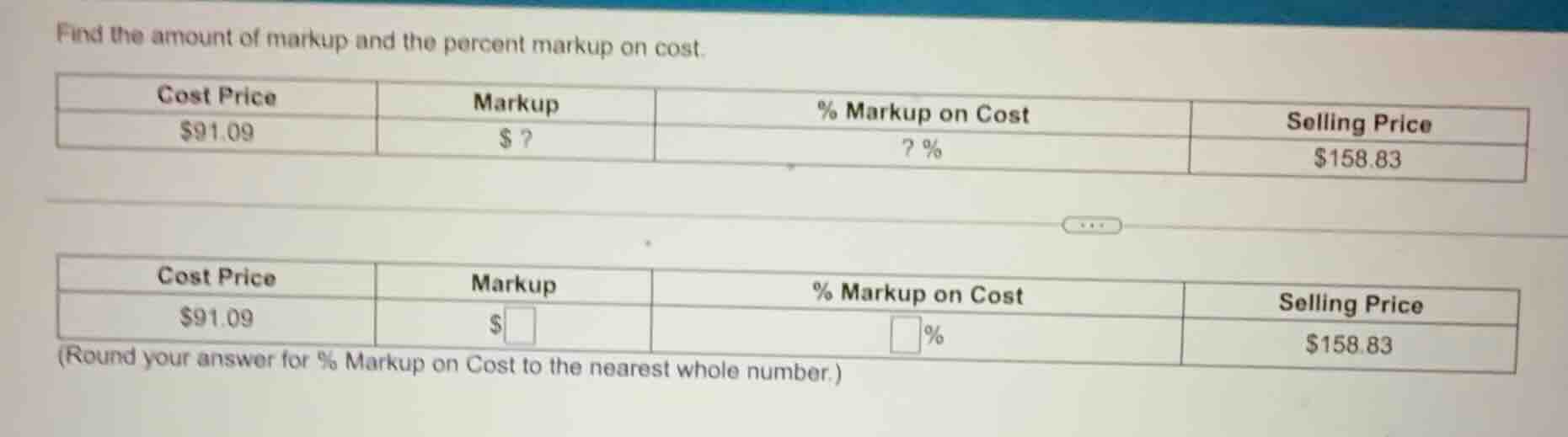 find the amount of markup and the percent markup on cost. | cost price …