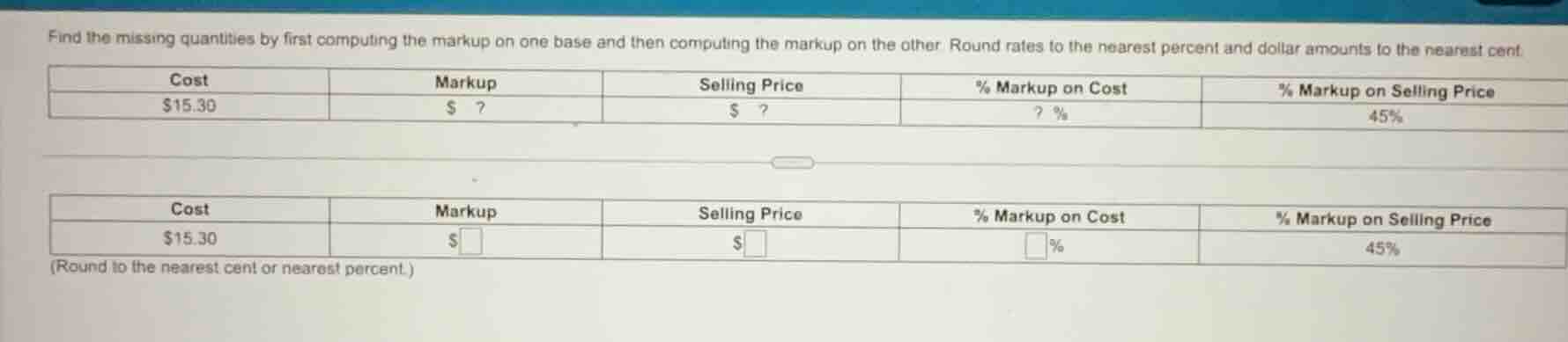 find the missing quantities by first computing the markup on one base a…
