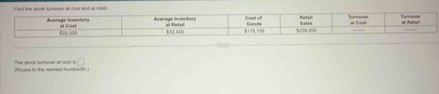 find the stock turnover at cost and at retail. | average inventory at c…