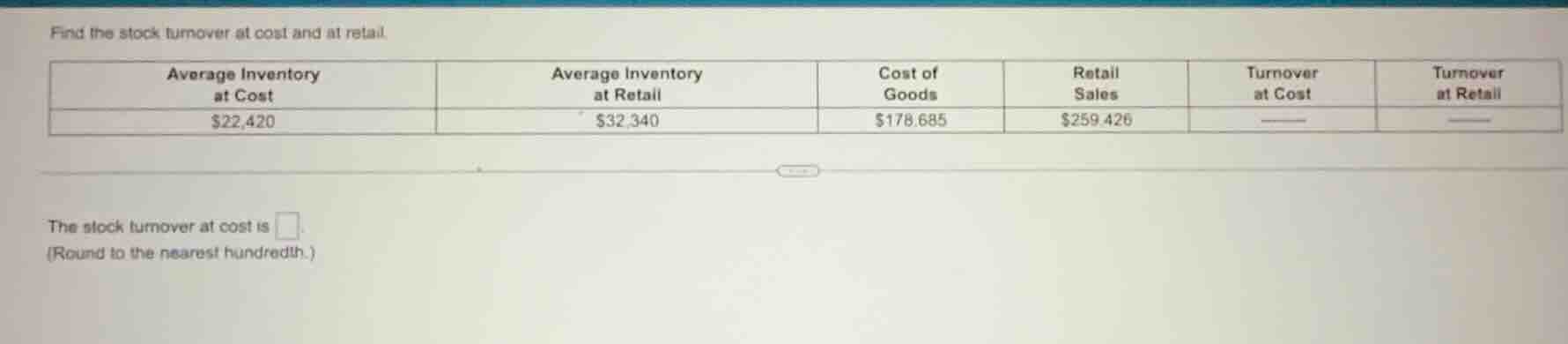 find the stock turnover at cost and at retail. | average inventory at c…