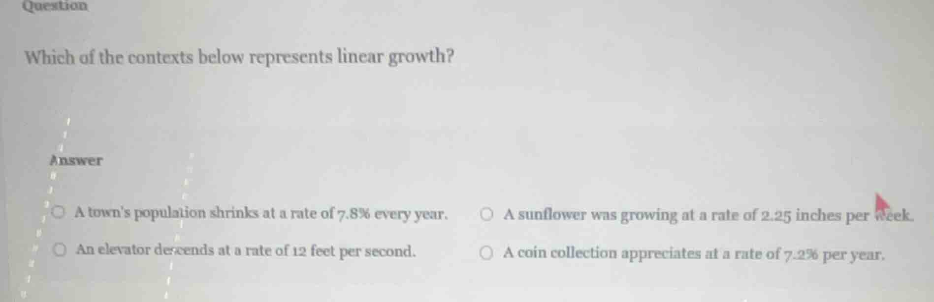 question which of the contexts below represents linear growth? answer ○…