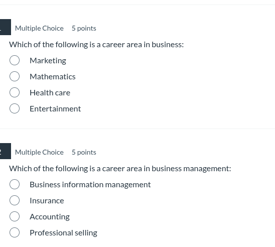 multiple choice 5 points which of the following is a career area in bus…