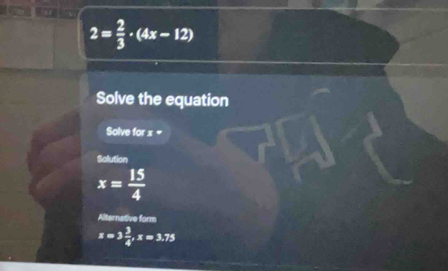 solve the equation solve for x solution x = \\frac{15}{4} alternative f…