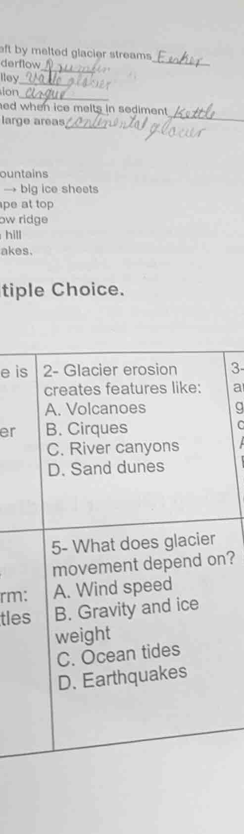 tiple choice. 2- glacier erosion creates features like: a. volcanoes b.…