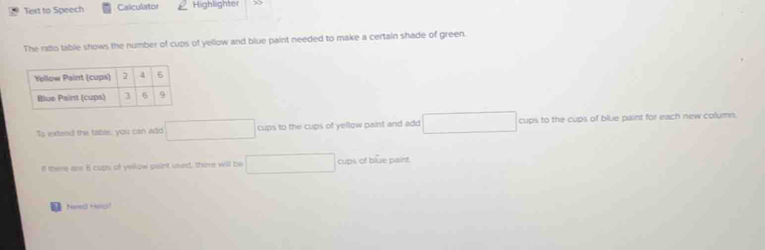 the ratio table shows the number of cups of yellow and blue paint neede…