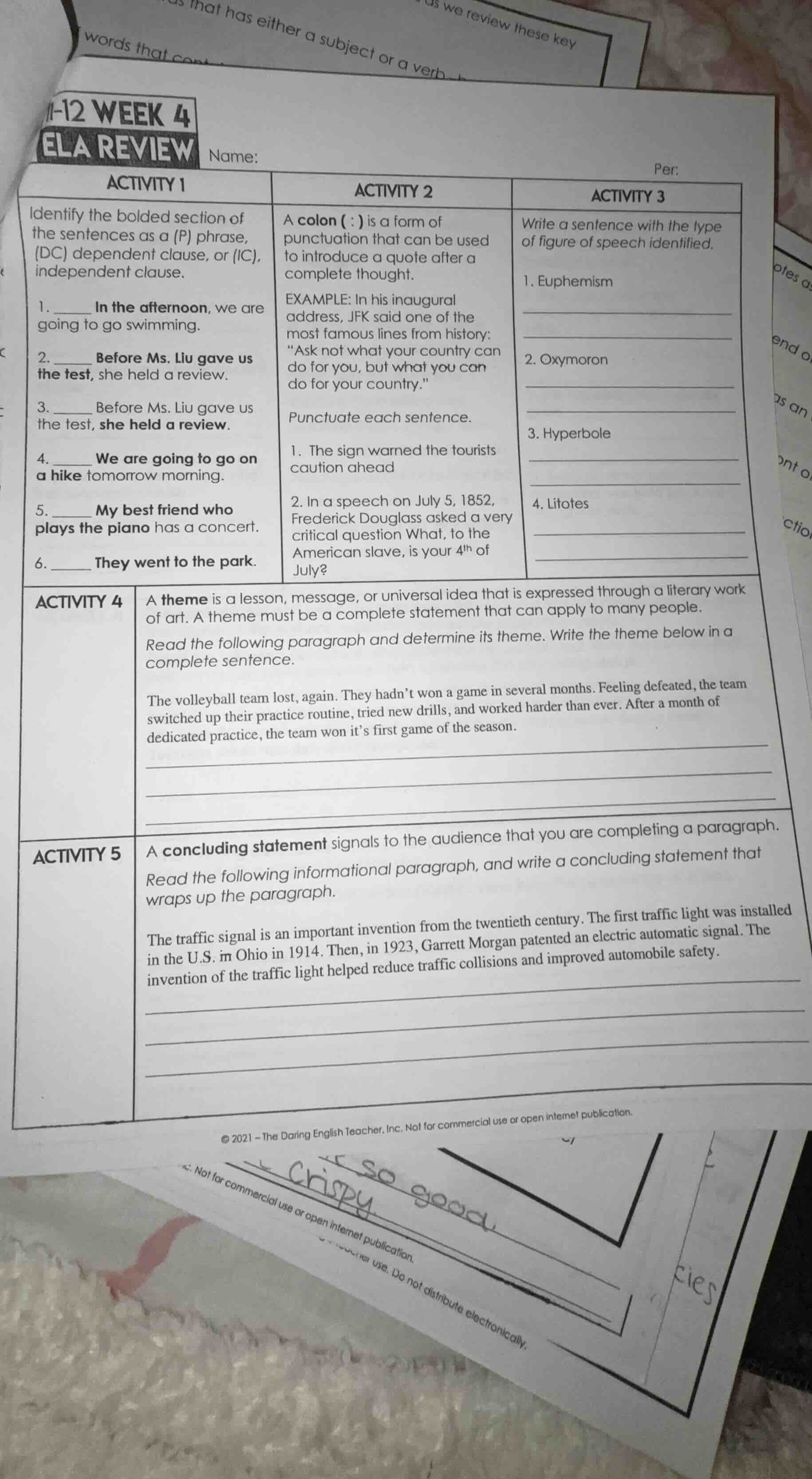 11-12 week 4 ela review name: per: activity 1 identify the bolded secti…