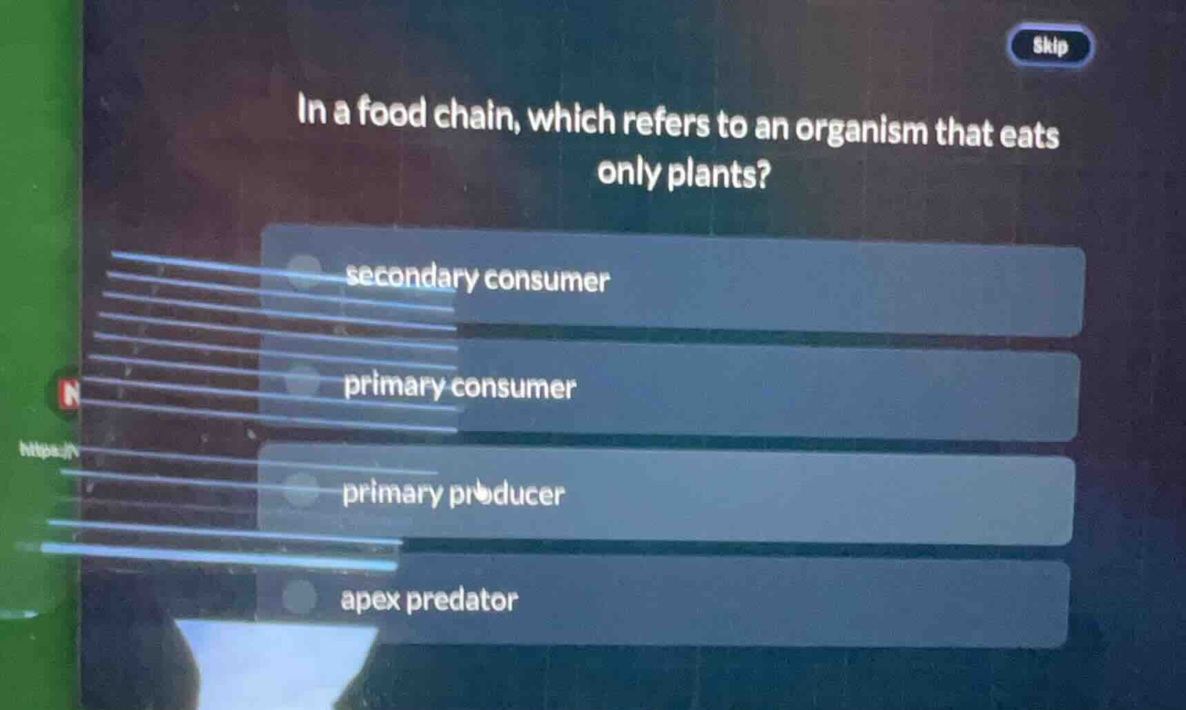 in a food chain, which refers to an organism that eats only plants? sec…