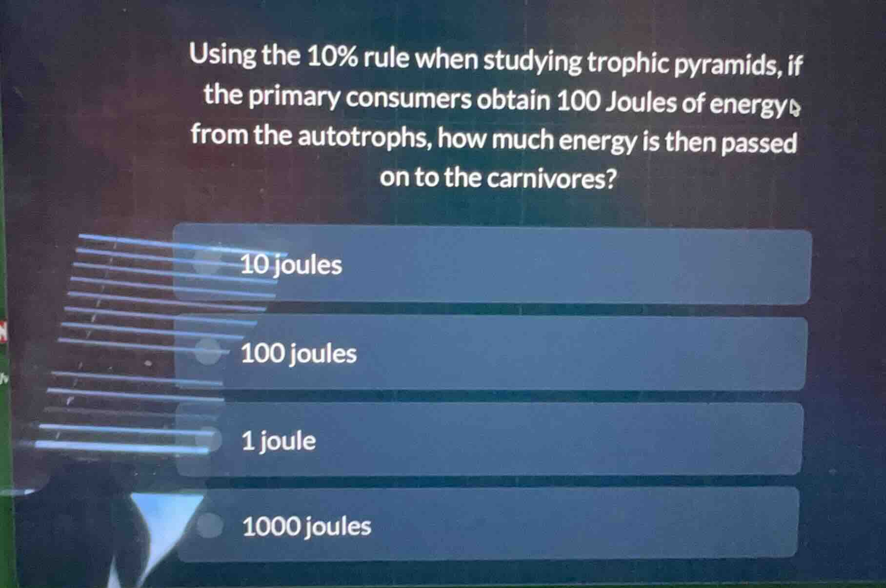 using the 10% rule when studying trophic pyramids, if the primary consu…