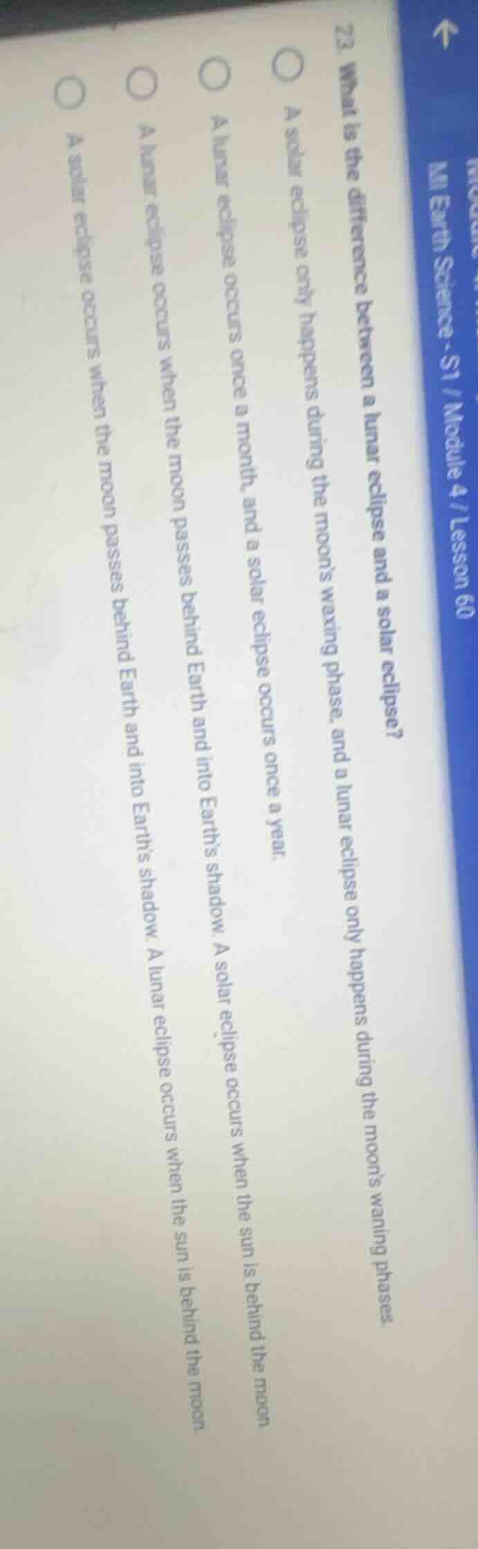 22. what is the difference between a lunar eclipse and a solar eclipse?…