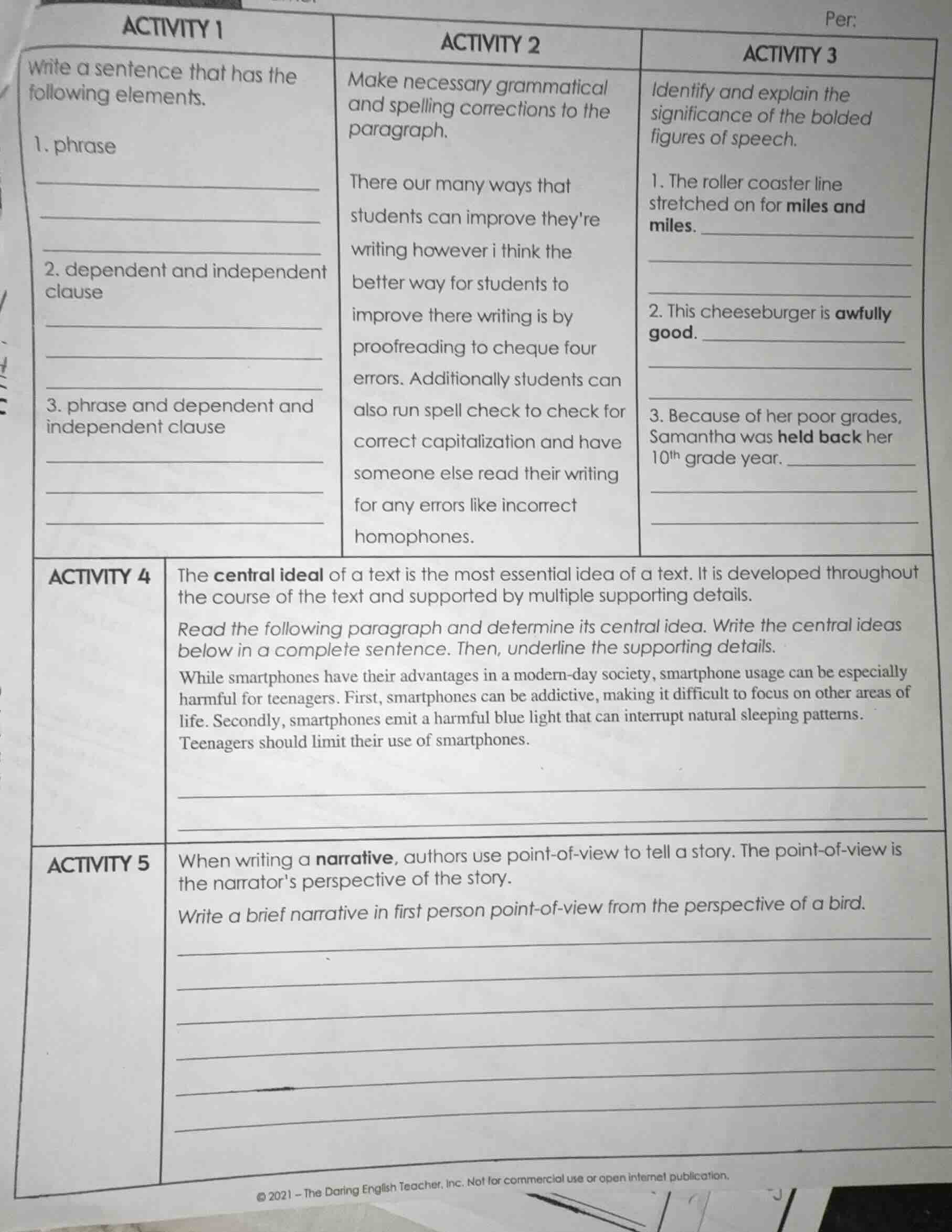 activity 1 write a sentence that has the following elements. 1. phrase …