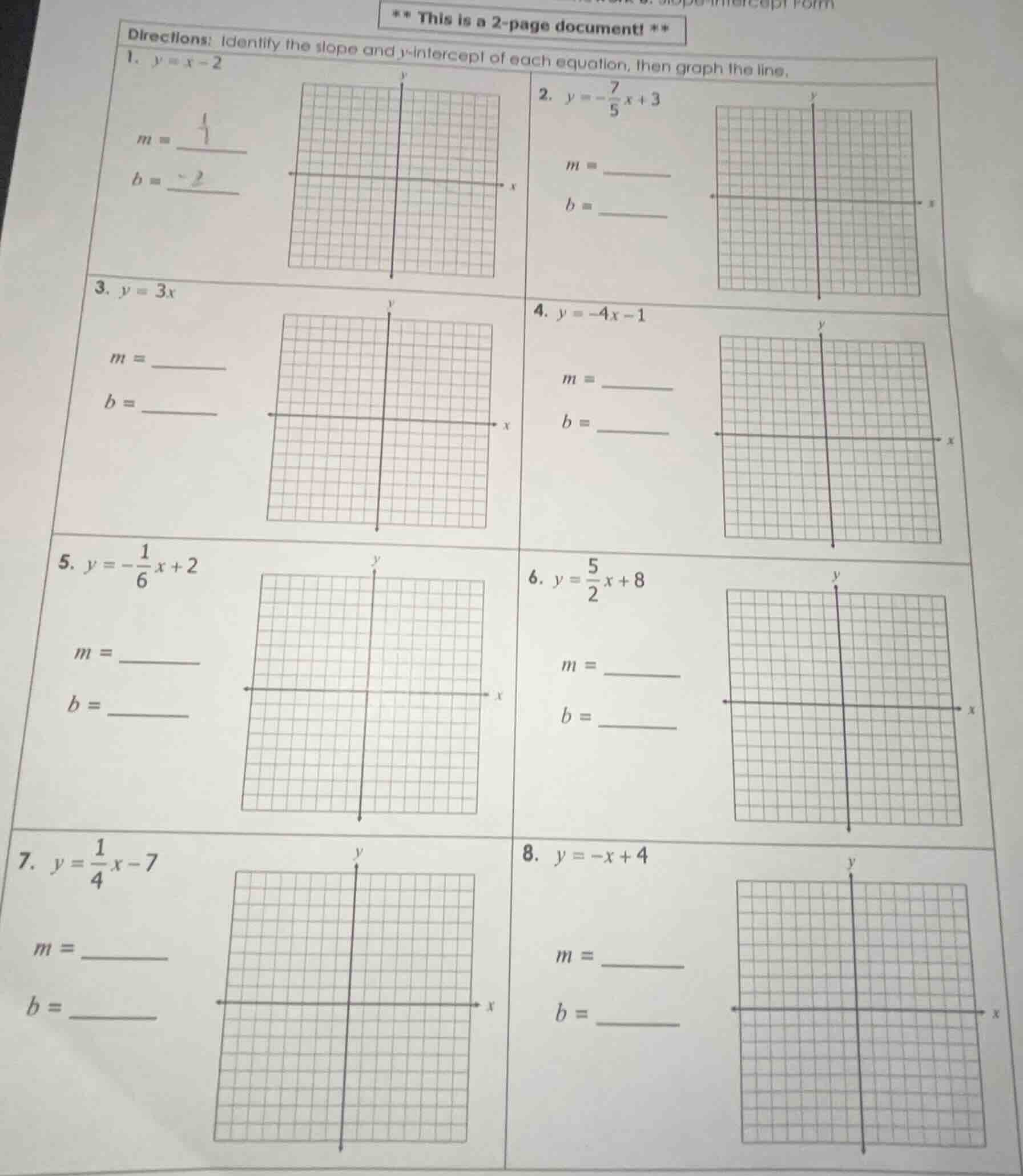** this is a 2 - page document! ** directions: identify the slope and y…