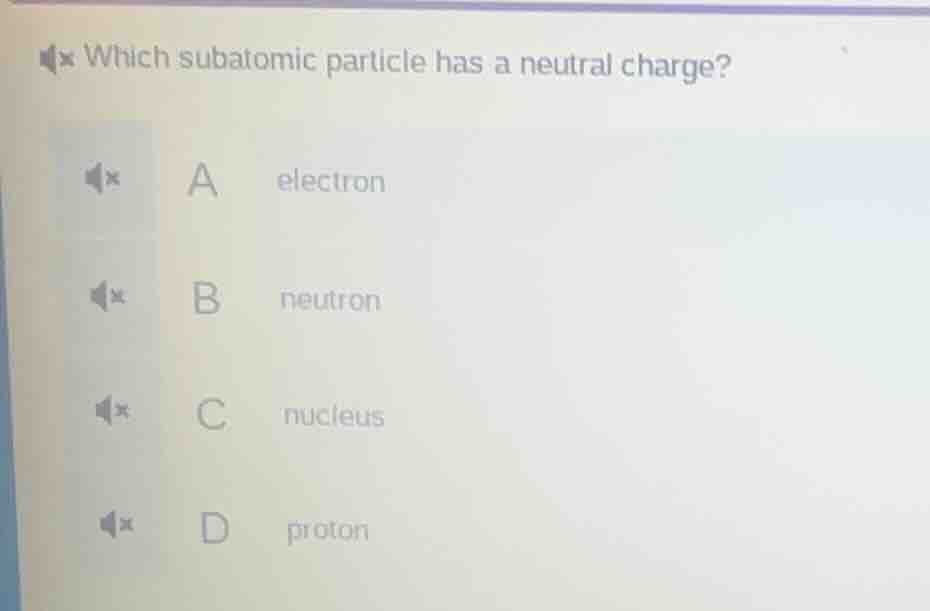 which subatomic particle has a neutral charge? a electron b neutron c n…