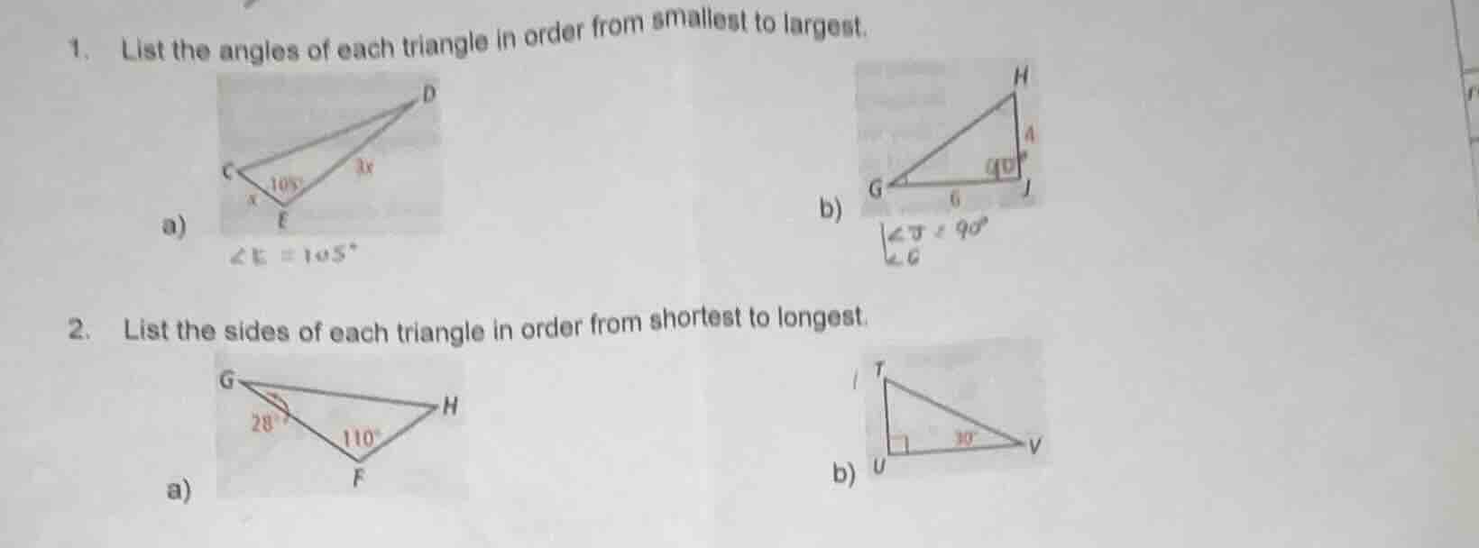 1. list the angles of each triangle in order from smallest to largest. …