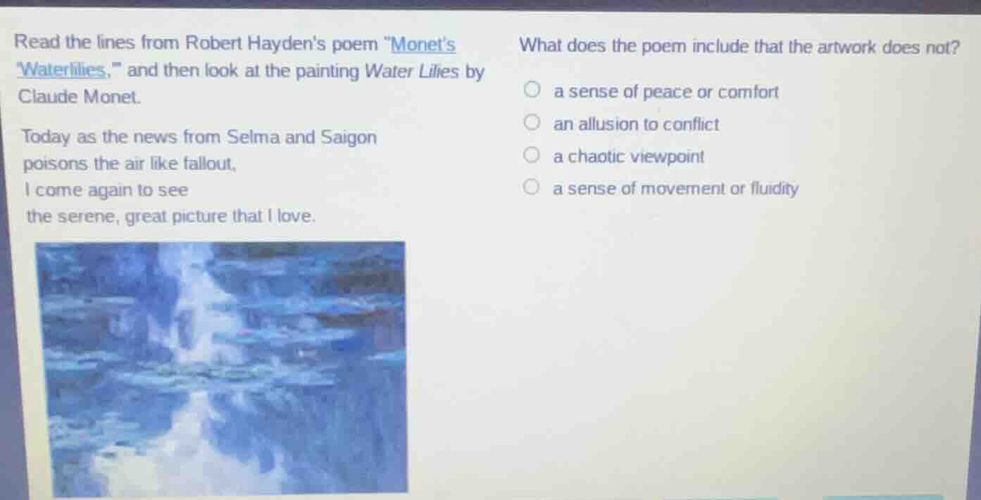 read the lines from robert haydens poem \monets waterlilies,\ and then …