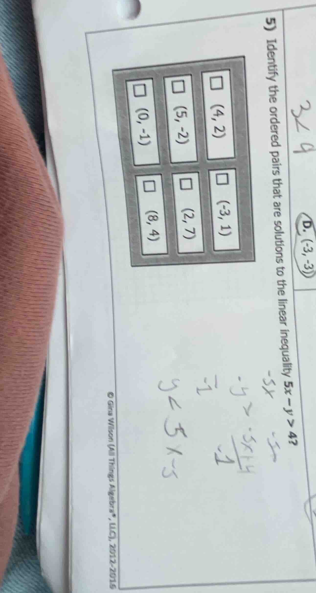 5) identify the ordered pairs that are solutions to the linear inequali…