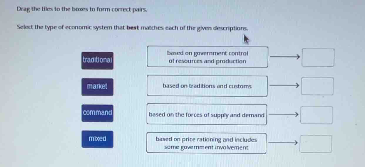 drag the tiles to the boxes to form correct pairs. select the type of e…