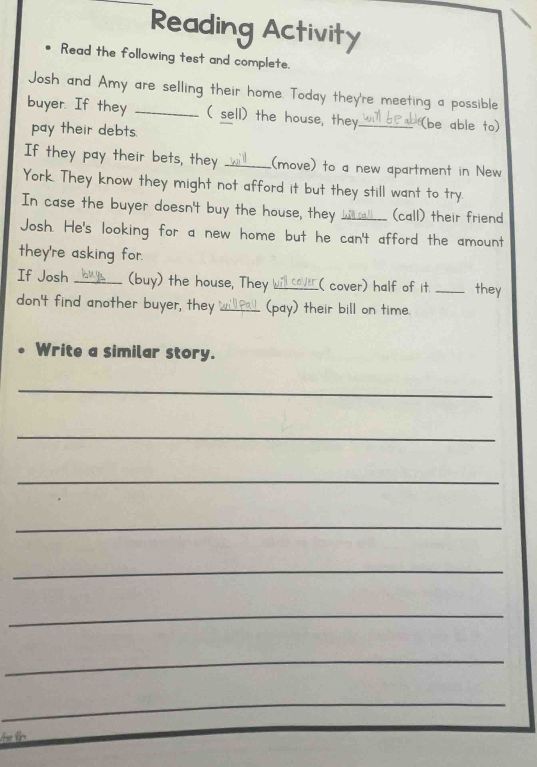 reading activity - read the following test and complete. josh and amy a…