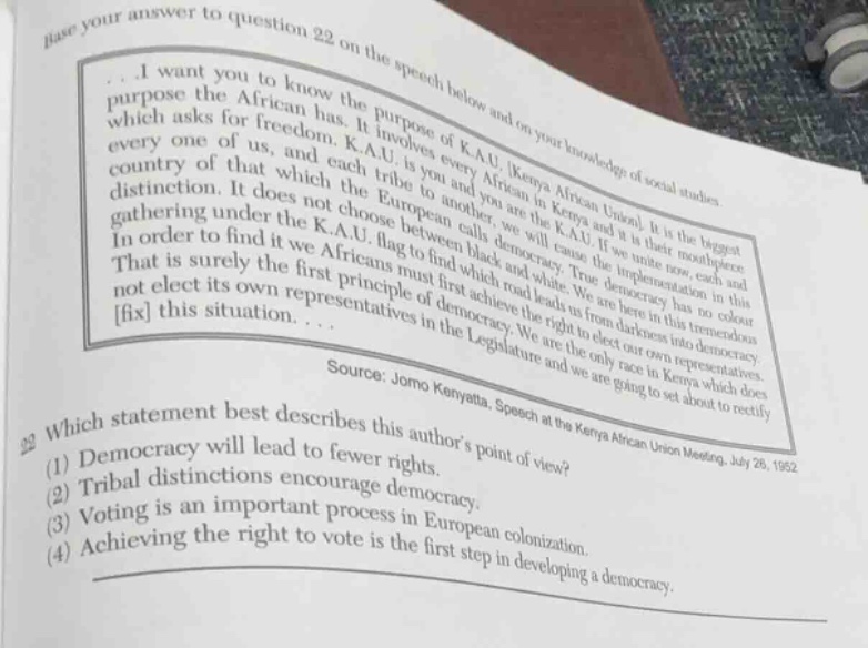 base your answer to question 22 on the speech below and on your knowled…