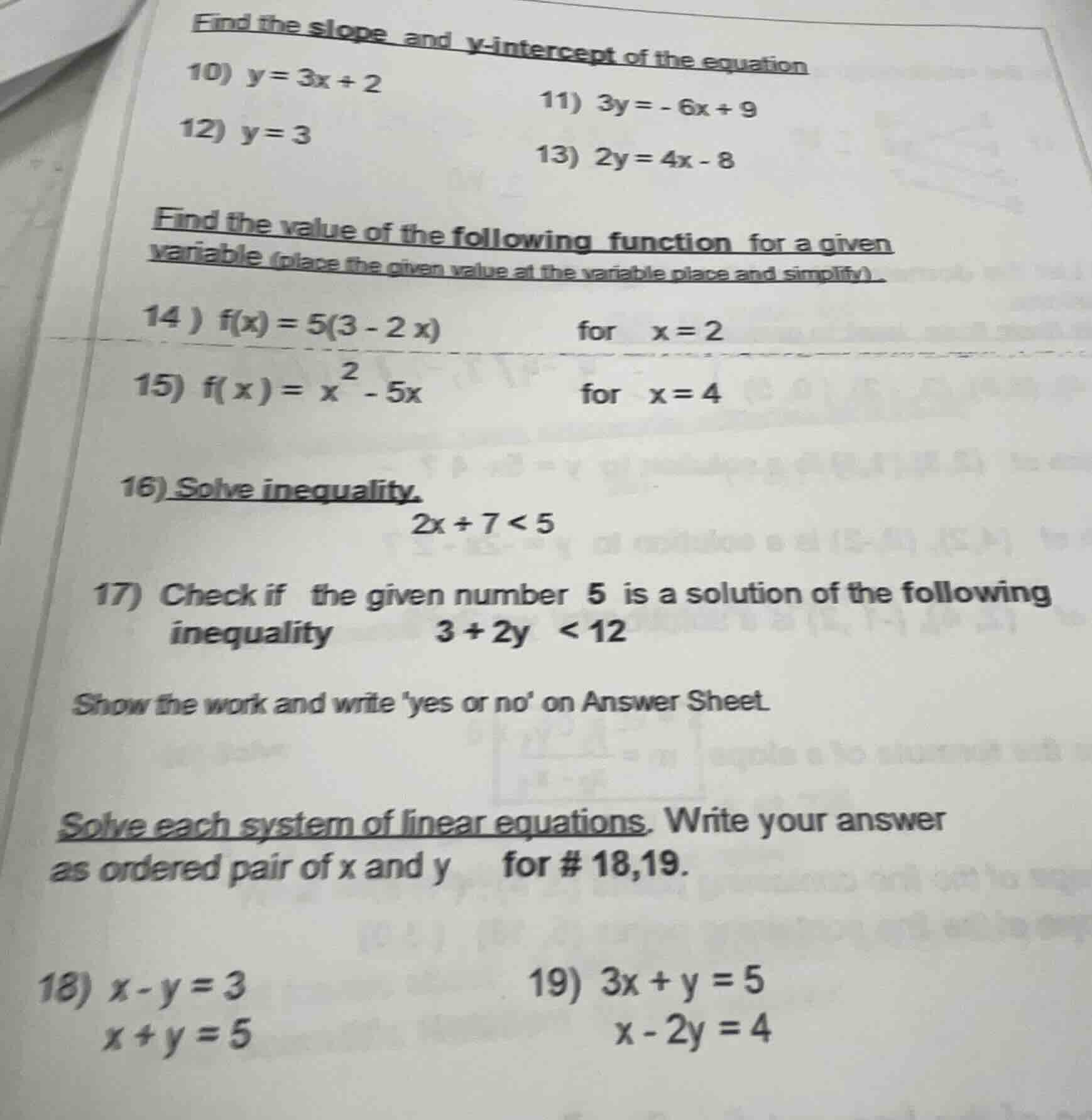 find the slope and y-intercept of the equation 10) ( y = 3x + 2 ) 11) (…