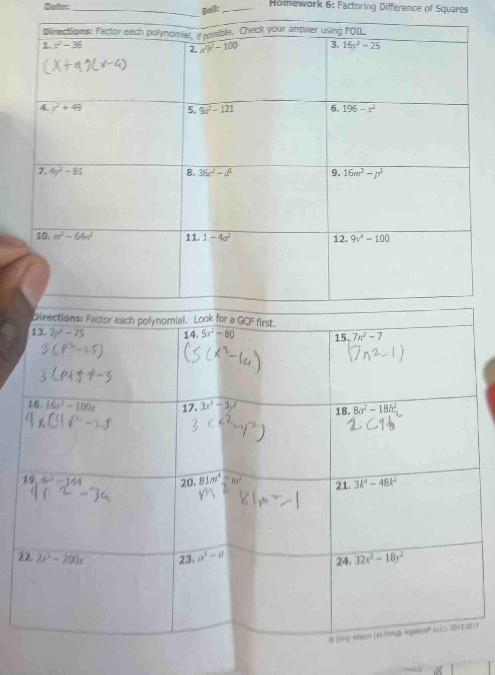 date: ______________ bell: ______ homework 6: factoring difference of s…