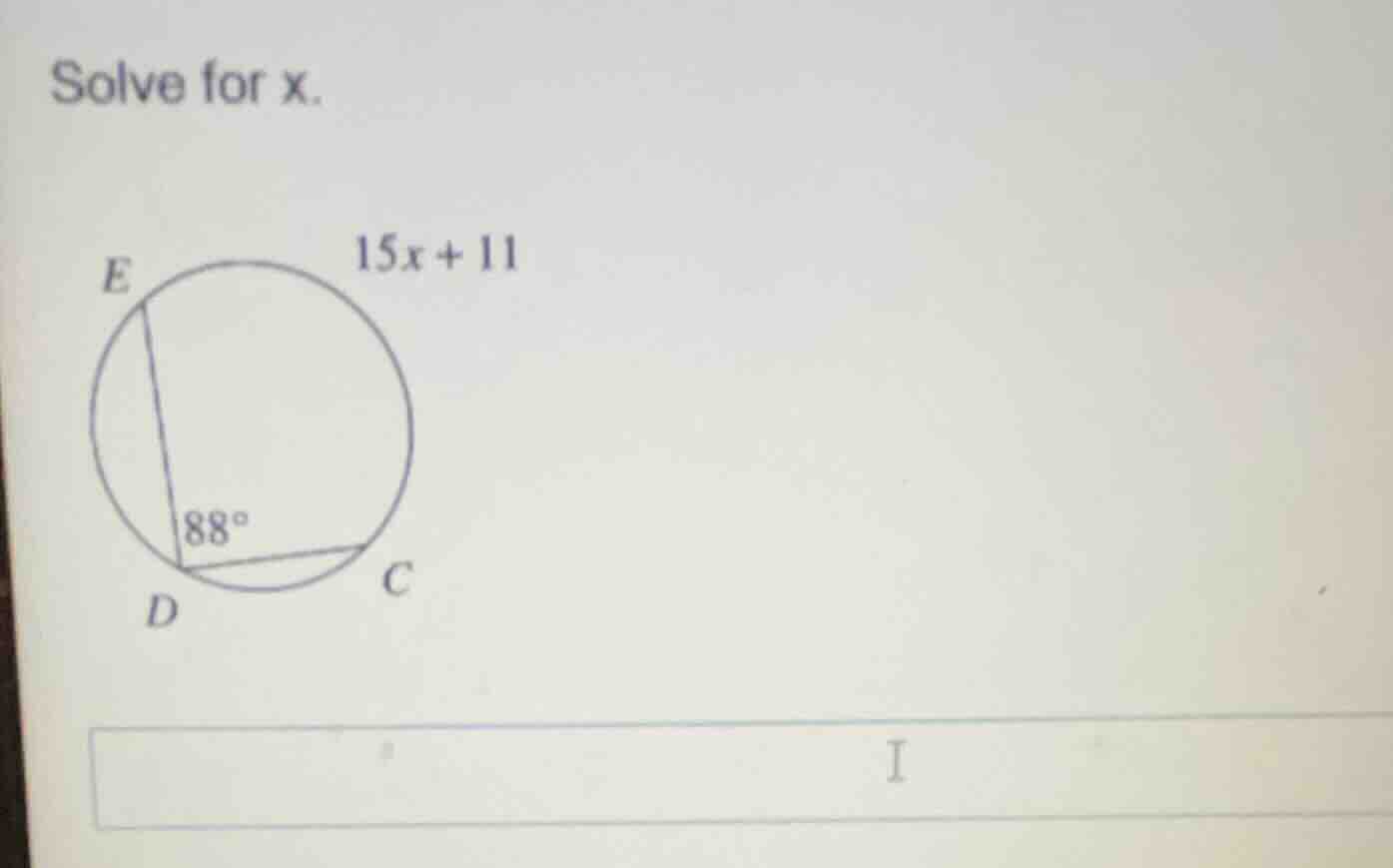 solve for x. e 15x + 11 88° d c